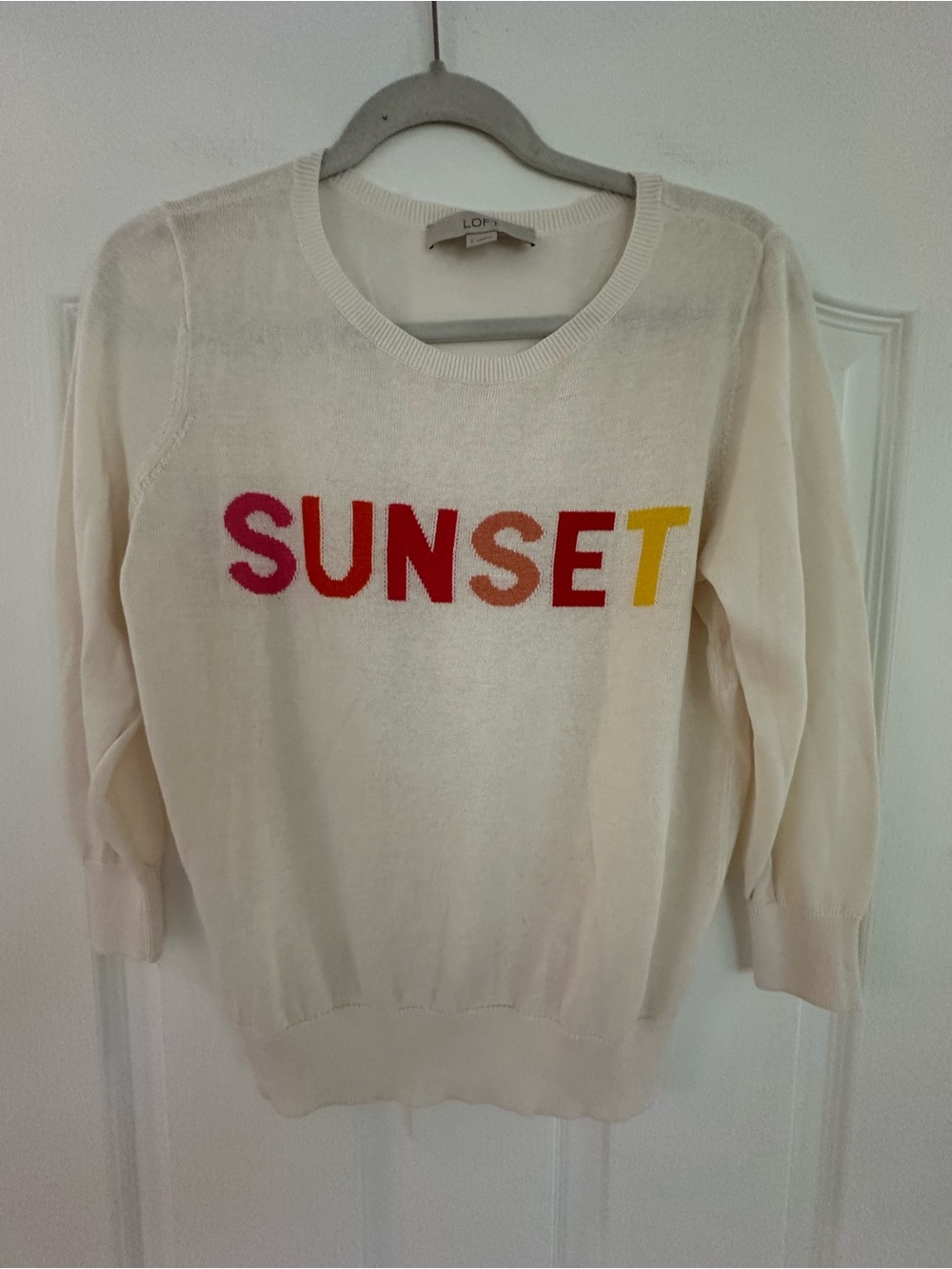 LOFT Cream Crewneck Sweater with Colorblock 'SUNSET' Lettering
